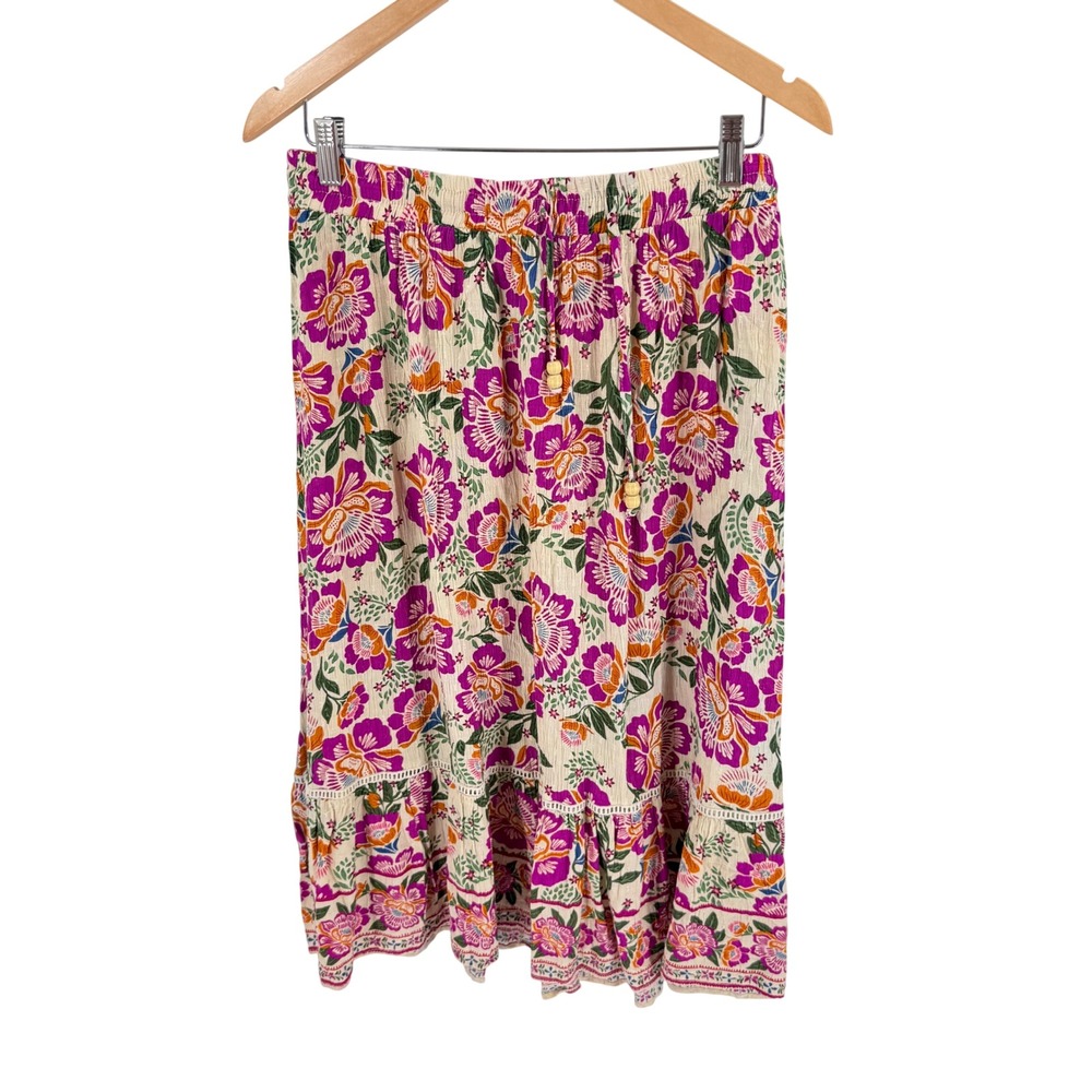 Atelier Nicole Miller‎ Floral Midi Skirt Cream Large Boho Tiered Rayon Indie